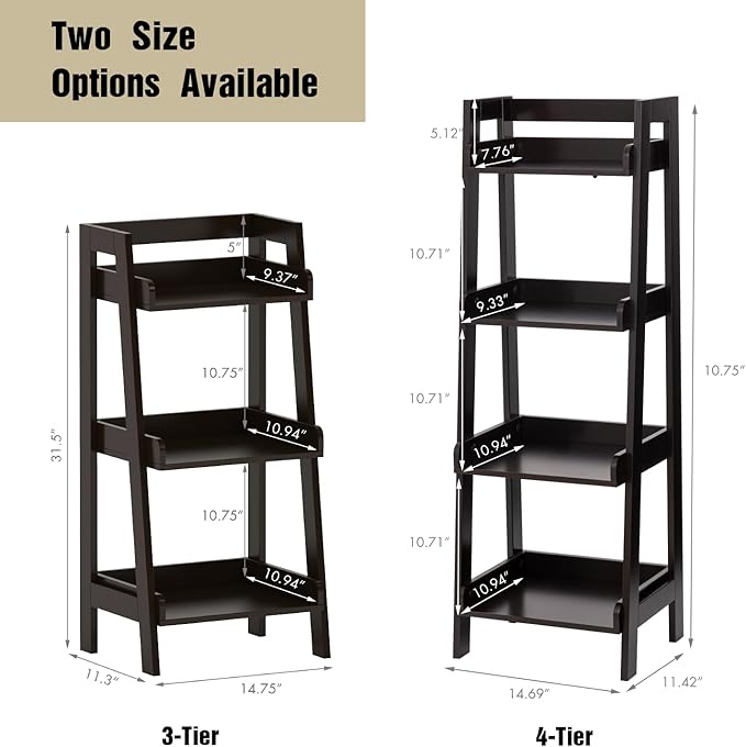 UTEX 4-Tier Ladder Shelf, Bathroom Shelf Freestanding, 4-Shelf Spacesaver Open Wood Shelving Unit, Ladder Shelf (Espresso)