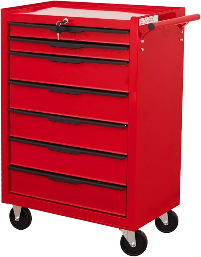 Tool Chest Cabinet, Large Capacity Metal Tool Box with Wheels and Cylinder Locking, Roll Around Storage Organizer Tool Cart for Garage, Redtool cabinets on Wheels (Red, 7-Drawer-Wheels)