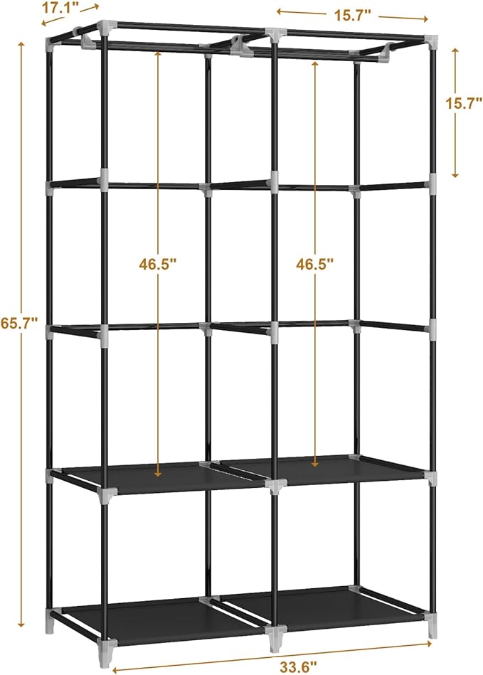 Portable Closet Wardrobe for Small Room, 35-Inch Clothing Organizer Storage Rack with 2 Clothes Hanging Rods and 4 Shelves, Non-Woven Fabric Cover, Black