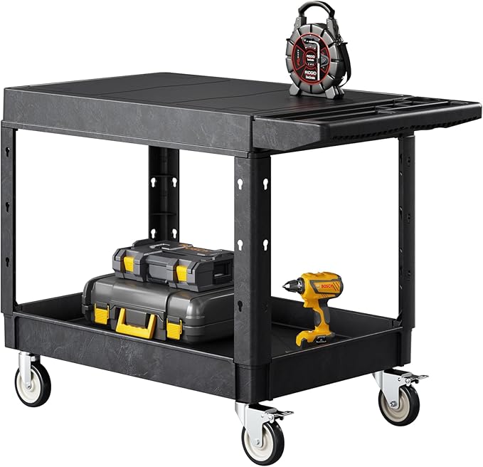 VEVOR Utility Cart, 550 lbs Load Capacity, 37 x 25.4-inch Service Cart, Two-Shelf Heavy Duty Plastic Utility Cart with 360° Swivel Wheels (2 with Brakes), Suitable for Warehouse, Garage, Cleaning
