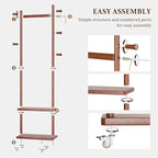 Coat Rack Freestanding Clothing Rack with Wheels & 2 Shelves Storage & 5 Hooks Heavy Duty Clothes Rack Wood Coat Tree Stand Hat Hanger Rack for Corner Bedroom Entryway Living Room Hotel Size L