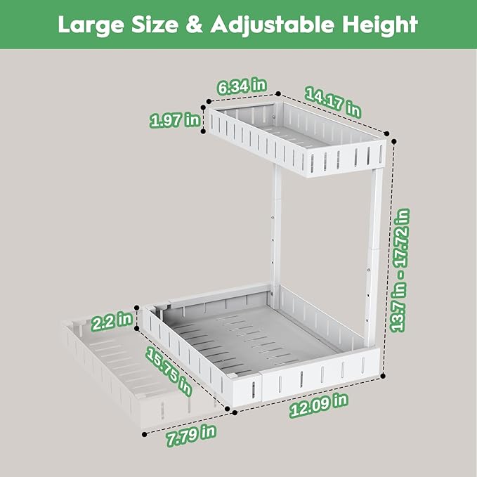 REALINN Under Sink Organizer, 2 Tier Expandable Under Cabinet Organizer, Heights Adjustable Pull Out Storage for Kitchen Bathroom Laundry, White, 1 Pack