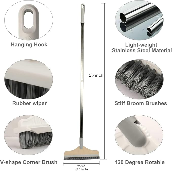 2 in 1 Floor Brush Scrubber with Long Handle Grout Brush 3 Poles 53.5'' New Upgrade Stiff Bristle Cleaning Scrub Brush with Squeegee 120°Rotating Tile Brush for Cleaning Bathroom Glass Patio Kitchen