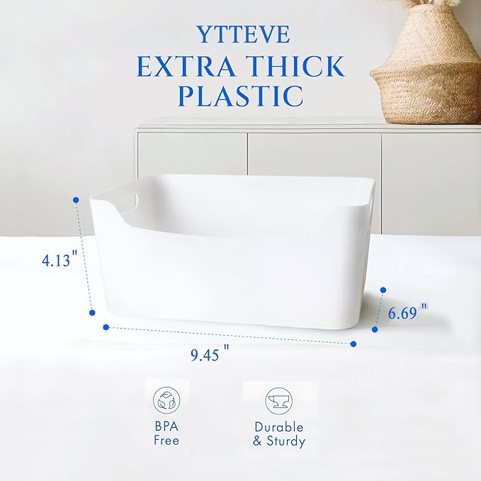 Ytteve 6 Pcs White Plastic Storage Bins for Shelves, Closet Kitchen Storage Containers for Pantry Bathroom Office Organization Baskets, Cabinet Organizing Containers, ( 2 large + 4 Small )