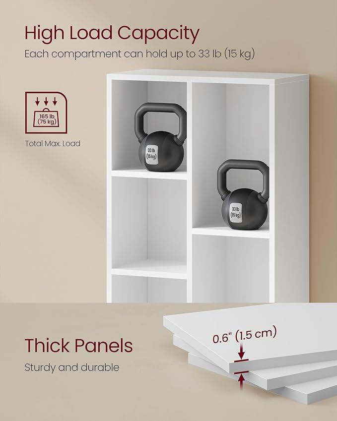 VASAGLE Bookcase, Bookshelf with 5 Compartments, Freestanding Shelves and Cube Organizer, Display Shelf for Small Spaces, for Living Room, Bedroom, and Home Office, White ULBC25WT