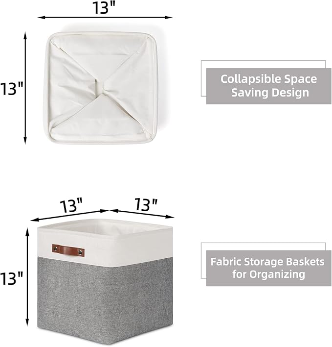 HNZIGE Foldable Storage Cubes Baskets Set(4 Pack) Fabric Bins for Shelves,13 Inch Storage Basket for Organizing with Leather Handles for Home, Toys, Clothes, Kids Room, Closet Storage(White&Gray)