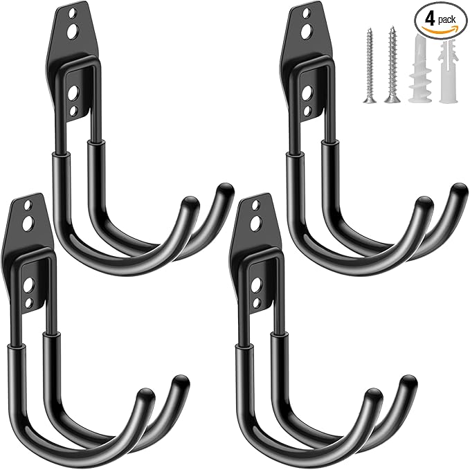 Heavy Duty Garage Hooks 4 Pack, J Shaped Hanger, Wall Mounted Storage System, Power and Garden Tool Organizer, for Hanging Ladders, Bikes Tires, Hose, Bulk Items