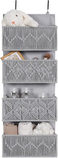 Macrame Over the Door Organizer Boho Decor Nursery Storage, Leaf Weaving Closet Storage, 4 Hanging Pockets, Behind Door for Bathroom, Bedroom,Grey