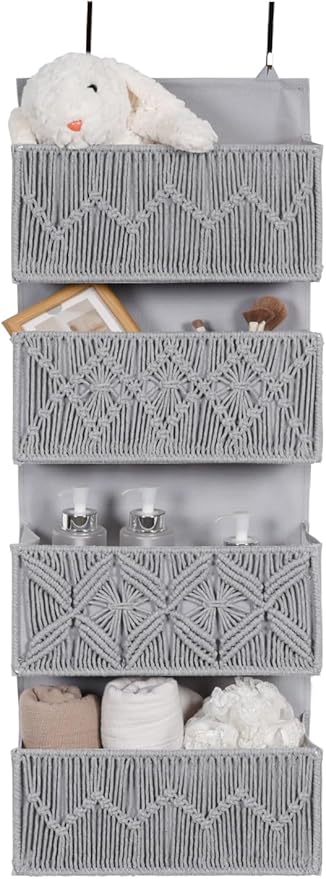 Macrame Over the Door Organizer Boho Decor Nursery Storage, Leaf Weaving Closet Storage, 4 Hanging Pockets, Behind Door for Bathroom, Bedroom,Grey