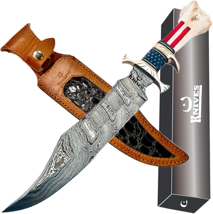 : CUSTOM HAND MADE DAMASCUS STEEL COLLECTIBLE GUTT KNIFE HANDLE MATERIAL BONE USA FLAG ACID ACHING (STAR)