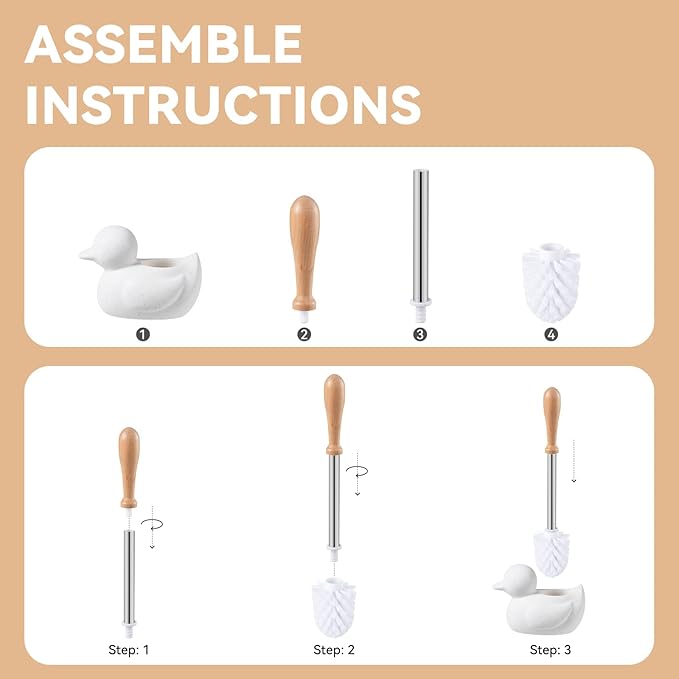 White Toilet Brush and Holder Set - Ceramic Bathroom Toilet Scrubber Brush Organizer with Cleaner Brush Kit with Detachable Brush Head & Natural Wood Handle, Toilet Brush & Cute Duck Design