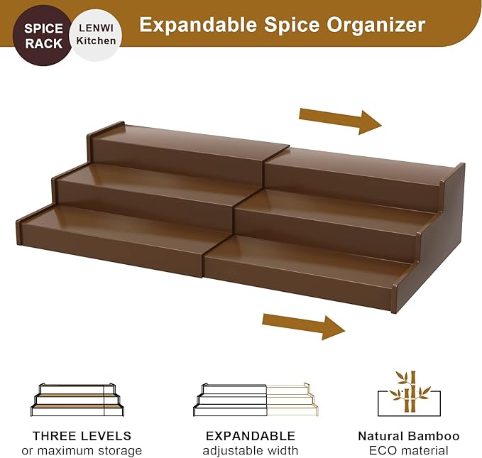 Spice Rack Organizer for Cabinet, 3 Tier Expandable Bamboo Spice Storage, Great for Kitchen Cabinet, Cupboard,Pantry and More(Brown)