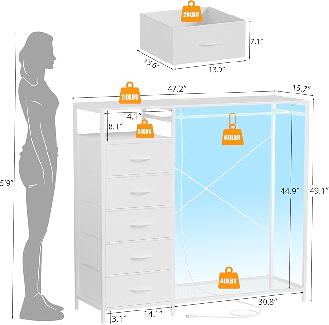 47 Inch White Dresser with LED Lights & Hanging Rack, 5 Drawer Fabric Dresser with Charging Station and Shelves, Tall Closet Organizer for Bedroom Clothes Storage