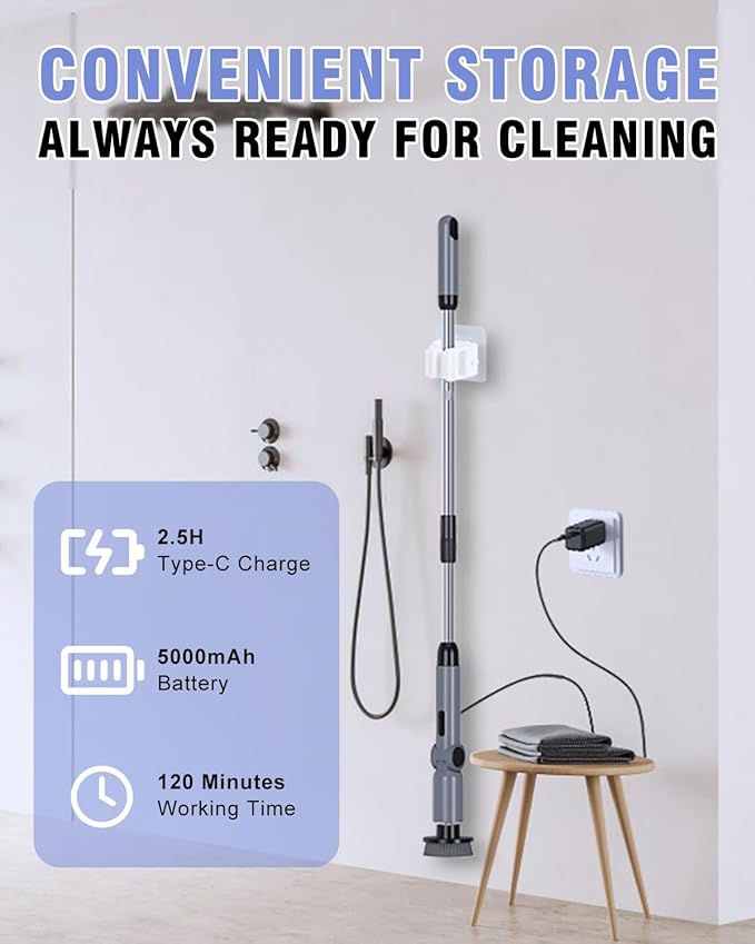 Electric Spin Scrubber, [IPX7 Waterproof ] [50KG Torque] Shower Scrubber with 9 Brush Heads, 2 Speed Mode, 4 Adjustable Angles, Electric Brush for Cleaning for Bathroom Floor Tile (Gray)