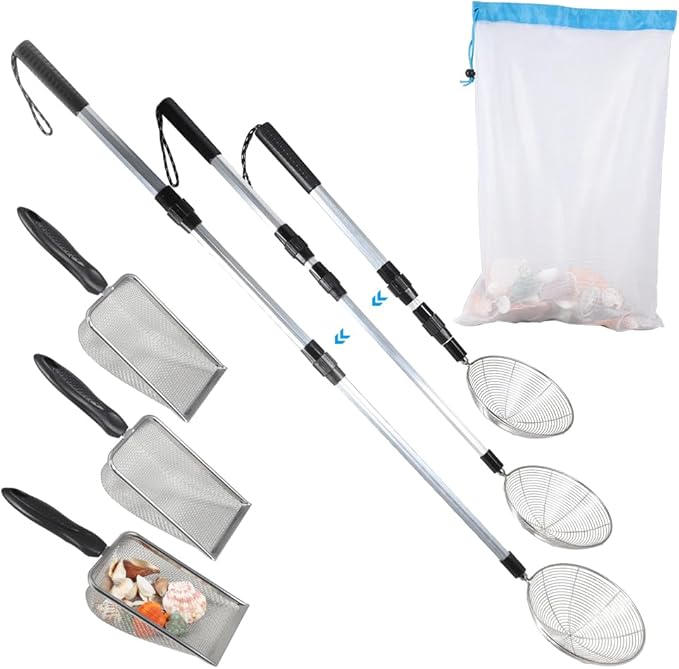 Beach Sand Sifter, 3 Beach Sifting Sand Telescoping Pole Sets with Scoops, Baskets, Mesh Bag, for Kids Picking Up Shells Shovels Shark Teeth