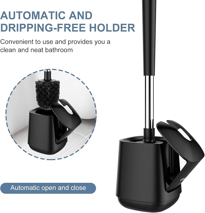 SetSail Toilet Brush and Holder, Self Closing Lid Toilet Bowl Brushes Holder and Extra Long Handle Ventilated Toilet Brush Set for Bathroom Cleaning, Nylon Bristles, 2 Packs-Black