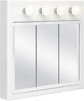 Design House Concord Medicine Cabinet, 3 Mirrored Doors, Pre-Assembled, Surface Mount, 4 Lights, White Wood Frame Wall Cabinet, 30 in W x 5 in D x 30 in H, 532382-WHT