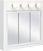 Design House Concord Medicine Cabinet, 3 Mirrored Doors, Pre-Assembled, Surface Mount, 4 Lights, White Wood Frame Wall Cabinet, 30 in W x 5 in D x 30 in H, 532382-WHT