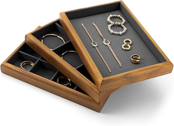 Oirlv Solid Wood 11 Slots Ring Tray Jewelry Organizer Tray Jewelry Drawer Organizer(Grey)