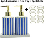 Coastal Blue & White Ceramic Soap Dispenser Set with Gold Pump – 3-Piece Bathroom & Kitchen Accessories with Tray, Refillable Lotion & Dish Soap Pump Bottles for Beach House & Nautical Décor