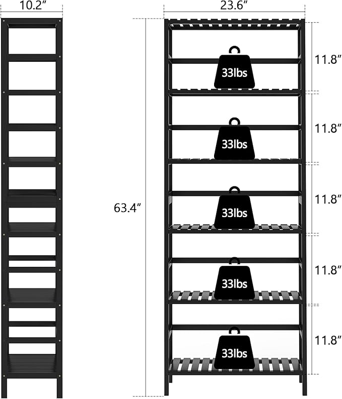 VASMIA 6-Tier Bamboo Shelf,Bamboo Storage Shelving Unit,Tall Bookcase with Adjustable Shelves,Multipurpose Storage Display Shelf for Bathroom, Living Room, Balcony, Kitchen,Black