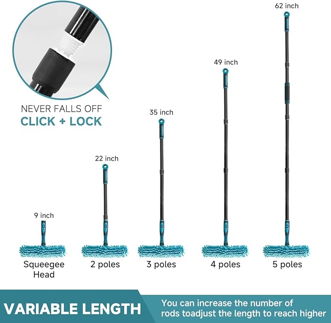 AIDELY 62" Window Squeegee, 2 in 1 Window Cleaning Tool with Telescopic Pole, Rotatable and Bendable Head for High Windows Indoor Outdoor, Includes 2 Blades & 2 Pads (Microfiber+Pads)