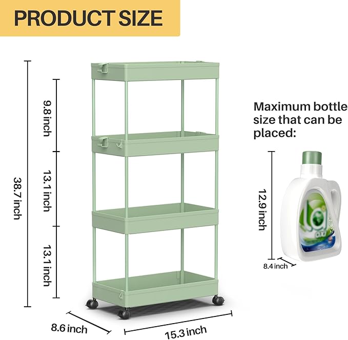 SPACEKEEPER Storage Cart 4-Tier, Bathroom Rolling Cart Utility Storage Organizer Shelf Mobile Shelving Unit for Kitchen Living Room Bathroom Laundry Room & Dressers, Green