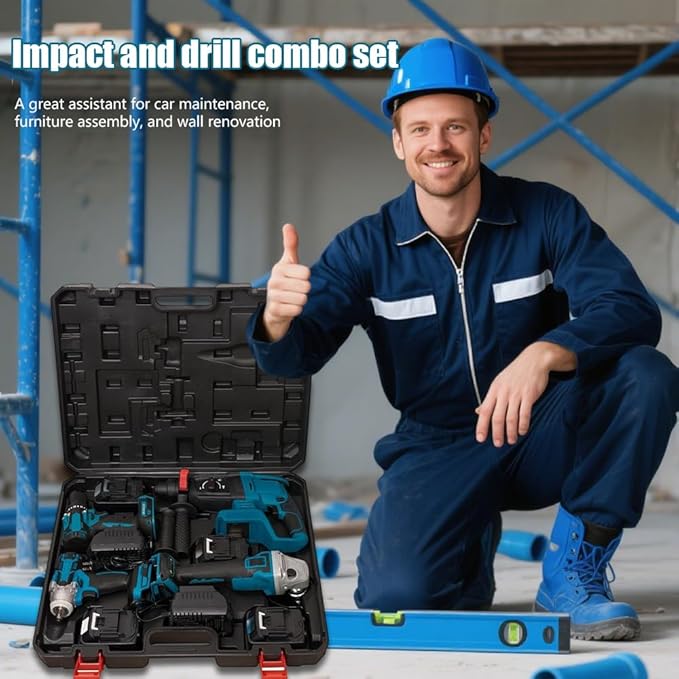 4 Sets Cordless Tools Combo Kit Set SELFIE CAT Drill and Impact Driver Combo High Torque Electric Tools Kit Hammer/Angle Grinder/Impact Wrench/Drill Impact Drill Set With 4 Batteries and 2 Chargers