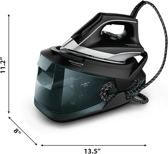 Rowenta Iron Steamer for Clothes, Master Steam Station, Professional Steam Iron For Clothes with Stainless Steel Soleplate 57 oz, 400 microsteam holes, Built-In Pump, 1750 watts, Black Green, VR8338