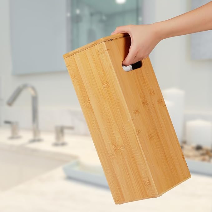 GOBAM Bamboo Toilet Paper Storage - Fits 3 Mega Toilet Paper, Bathroom Organizer, Toilet Paper Holder Stand, Bamboo Bathroom Accessories - Natural, 5.9 x 5.9 x 16.1 inches