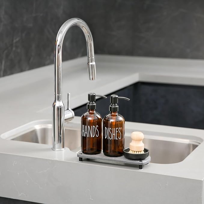 MOMEEMO Amber Glass Soap Dispenser Set Comes with Stainless Steel Pumps, Instant Dry Tray, and Dish Scrub Brush, Suitable for Soap Dispenser for Kitchen Sink. (Amber)
