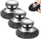 Steel Wool Scrubber with Handle, Upgrade Heavy Duty Stainless Steel Dish Scrubber for Cleaning Dishes, Iron Pots, Stoves, Kitchen Sink (3 pcs)