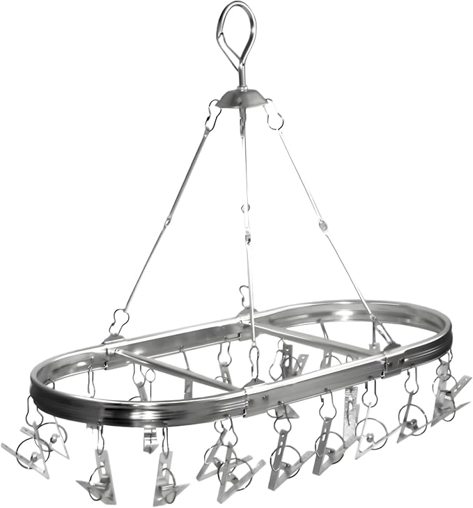 Aluminum Sock Drying Rack with 26 Non-Slip Clips, and Wind-Resistant Hook, Laundry Drying for Socks, Baby Clothes, Underwear, and Delicates. Oval & One-Piece Design, (Silver)