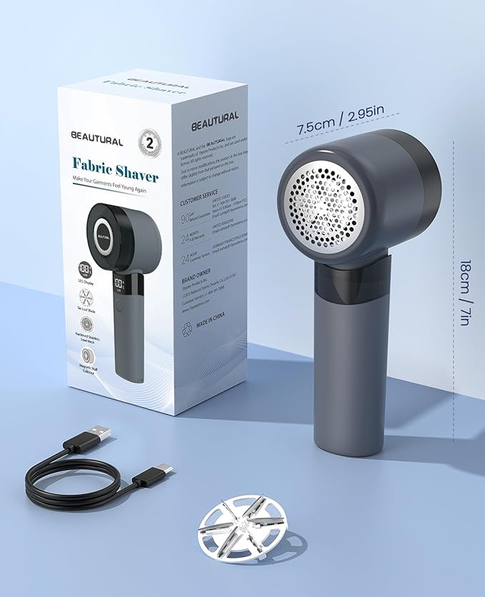 BEAUTURAL Fabric Shaver and Lint Remover, Rechargeable Electric Sweater Shaver with 3 Speeds, 6 Leaf Blades and LED Display, Portable Pilling Remover for Clothes, Furniture, Blankets