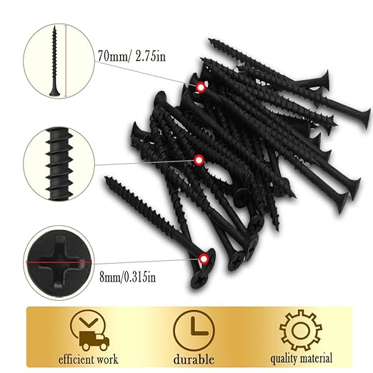 Coarse Thread Drywall Screw, #8 x 2-3/4", Black Phosphate Coated, Bugle Head Phillips Drive, Fast Self Tapping, Sharp Point, Ideal Screw for Drywall Sheetrock, Wood, and More, 35 Pieces