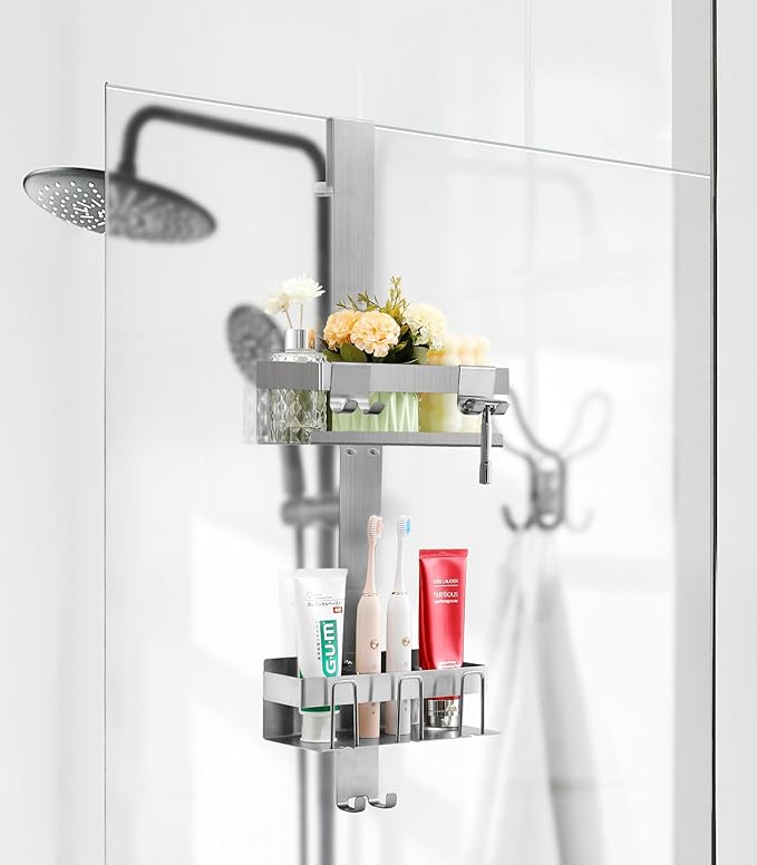 Over The Door Shower Caddy 2 Tier, 304 Stainless Steel Hanging Shower Caddy Rustproof Shower Shelves, No Drilling Hanging Shower Organizer for Bathroom Glass Door, Silver
