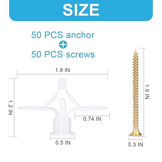Hollow-Wall Anchors, One Size, 65Lbs Anchor 50pcs+Screw 50pcs Drywall Anchor kit with Screws, Self-Drilling Hollow Wall Anchor, White