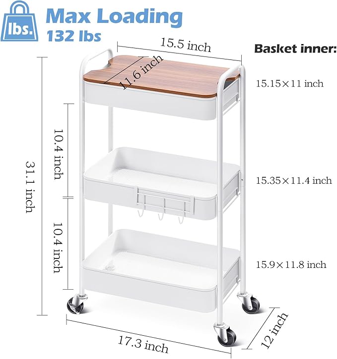 TOOLF 3-Tier Rolling Cart with Table Top, Metal Storage Cart on Wheels, Utility Organizer with Wooden Tray, Lockable Casters, Easy Assembly for Bathroom, Living Room, Office, Kitchen, White