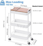 TOOLF 3-Tier Rolling Cart with Table Top, Metal Storage Cart on Wheels, Utility Organizer with Wooden Tray, Lockable Casters, Easy Assembly for Bathroom, Living Room, Office, Kitchen, White