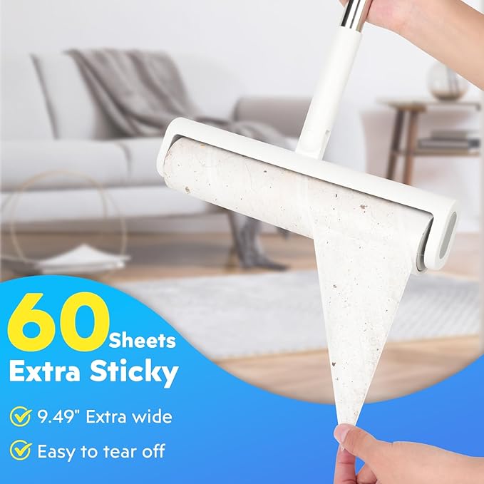 9.49'' Large Lint Rollers for Carpet and Floor, Extra Sticky Giant Rollers with 50'' Long Handle for Carpets, Couch, Floor, Clothing, and Pet Hair Cleaning(1 Pack Floor Roller)