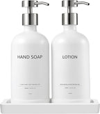 Glass Kitchen Soap Dispenser Set with Ceramic Tray,16.9 floz Hand and Dish Soap Dispenser for Kitchen and Bathroom Decor (White + Silver(Lotion))