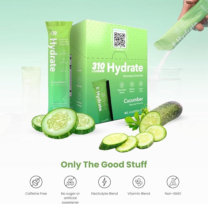 310 Nutrition Sugar Free Electrolytes Powder - Instant Hydration Packets for Daily Fluid Balance - Caffeine-Free Rehydration Drink Mix w/ Vitamins, Low Calorie & Keto Friendly - Cucumber 30 Singles