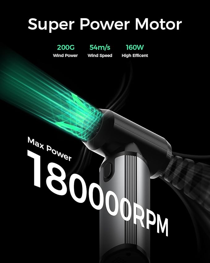 EG evoger Electric Air Duster,180000RPM Super Power Handheld Cordless Air Duster 10000mAh 3-Gear Adjustable Dust Blower for Computer, Keyboard,Outdoor, House, Car