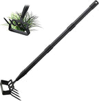 INFLATION Stirrup Hand Hula Hoe Heavy Duty Metal Gardening Weed Puller Tool 4 Tines Prong 2-in-1 Herb Stripper Yard Rake for Women Kids Men Garden Grandpas Weeder 32-62 inch Long Adjustable Handle