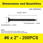 200 pcs Wood Screws, Phillips Flat Head Long Screws, Self-Tapping Countersunk Screws, Exterior Wood Screws, Fasteners for Various Woodworking Repairs and DIY Projects #6 x 2''(50 mm)