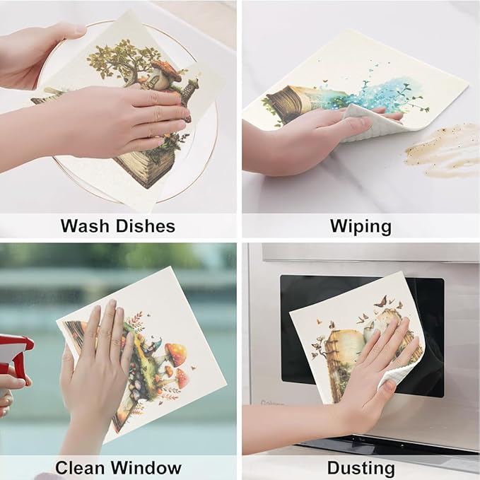 6 - Pack Swedish Kitchen Dish Cloths - Reusable Paper Towels for Counters & Dishes - Eco Friendly Cellulose Sponge Cloth - Assorted (Mushroom)