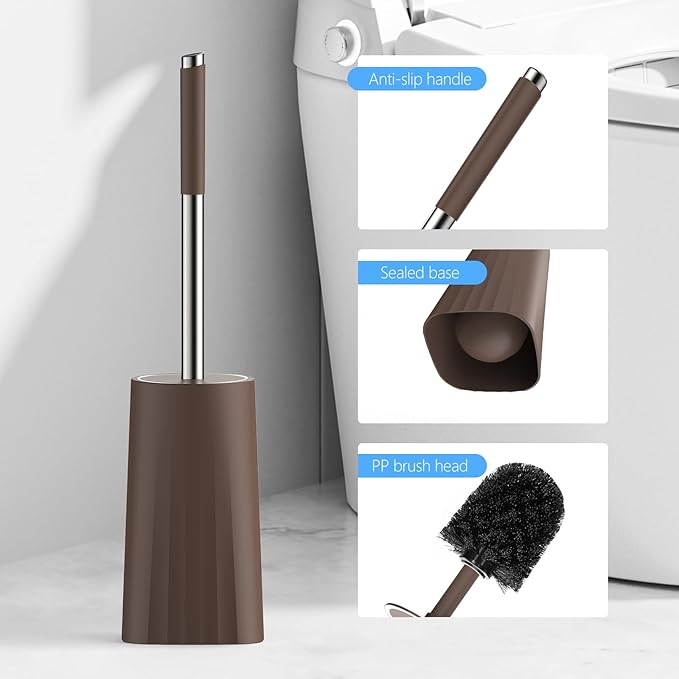 SetSail Toilet Brush, Compact Size Toilet Bowl Brush and Holder Toilet Brushes for Bathroom with Stainless Steel Handle Toilet Cleaner Brush with Durable Scrubbing Bristles, Brown
