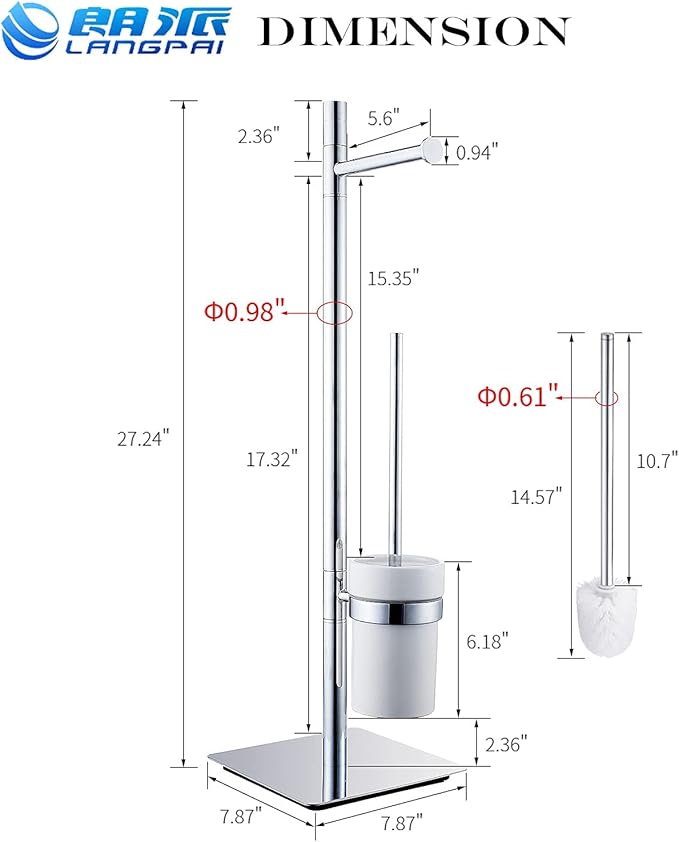 Freestanding Toilet Brush and Paper Holder Set Superior Hotel Luxury Style Join Roll Paper and Toilet Brush Non-Skid Sturdy Floor Stand Brass Chrome with White Ceramic Cup