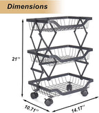 Black 3-Tier Rolling Kitchen Cart, Foldable Metal Utility Organizer with Wheels, Compact Storage Rack for Pantry, Bathroom, Bedroom, Office, 14.17" L x 10.71" W x 21" H