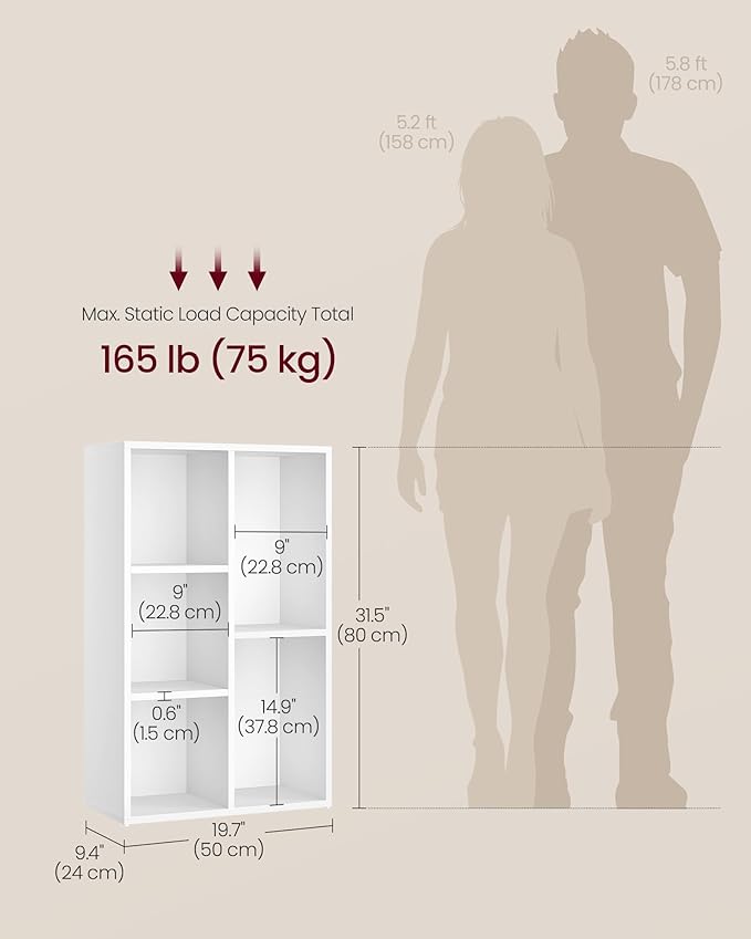 VASAGLE Bookcase, Bookshelf with 5 Compartments, Freestanding Shelves and Cube Organizer, Display Shelf for Small Spaces, for Living Room, Bedroom, and Home Office, White ULBC25WT